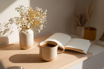 Vintage typewriter on a cozy wooden desk decorated with dried flowers, books, and a cup of coffee in soft natural light. Concept of nostalgia, creativity, writing inspiration, and minimalist home offi