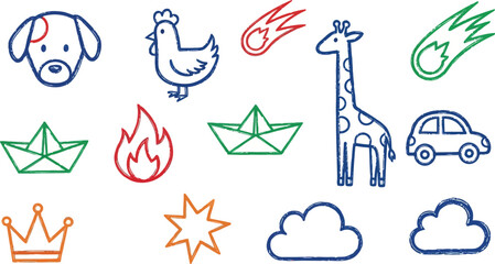 Vector art of collection of handdrawn icons including animals, vehicles, and celestial objects
