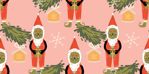 Seamless Pattern with Santa Christmas cute Monster with Snowflakes, Gingerbread houses, and Pine branches on a soft pink background. Perfect for wrapping paper, fabric, wallpaper or holiday marketing