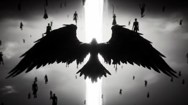 Colossal fallen angel silhouette with immense tattered wings rapidly plummets into an abyssal void, intensely backlit by an ethereal light beam. Somber spiritual descent concept