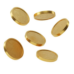 Realistic gold coin or golden money falling/floating. Perfect for finance, jackpot, and wealth concepts. Isolated on white or transparent background. PNG format.