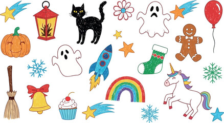 Vector art of mix of whimsical and festive icons featuring unicorn, rocket, black cat, and holiday elements