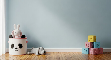 Obraz premium Playful Children's Room Corner with Toys, Including a Panda Bucket, Stuffed Animals, and Colorful Blocks, Against a Light Blue Wall Creating a Cheerful and Inviting Space