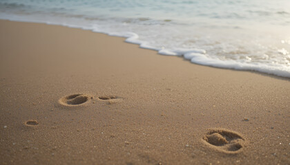 footprints in the sand,Footprints in the sand, trail of steps along the beach, soft sandy texture, gentle waves nearby, peaceful seaside path, warm golden sand, solitary journey impression, natural co