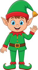 Cartoon elf character, festive green outfit, Christmas theme, cheerful expression, waving pose, holiday costume, red accents, curled shoes, seasonal illustration