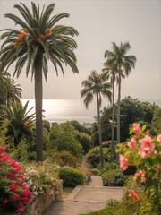 Fototapeta premium Lush Tropical Garden Path Overlooking the Ocean at Sunset.