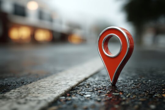 Red pointer pin on a detailed street map showing location and direction for navigating a city