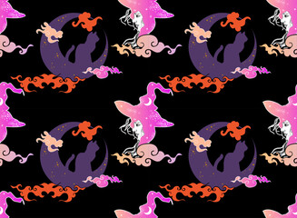 Magical seamless pattern with witches in glittery pink hats, silhouetted cats on crescent moons, and swirling clouds against a deep black background. Ideal for fabric, wallpaper, wrapping paper.