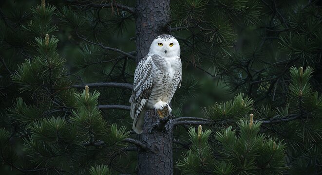 Snowy owl perched on a tree branch surrounded by evergreen foliage