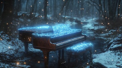 Enchanted winter nocturne: A grand piano bathed in celestial light amidst a snowy forest