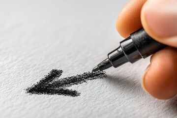 Detailed stippled illustration of an arrow pointing right on textured white paper, created using pointillism with black ink