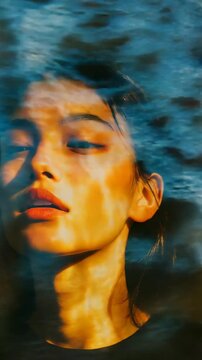 A woman 's face is reflected in the water
