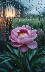 Pink Peony Flower Blooming by a Window on a Rainy Day.