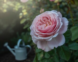 Beautiful Pink Rose in a Lush Garden with a Watering Can.