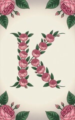 Floral Letter K with Pink Roses and Green Leaves.
