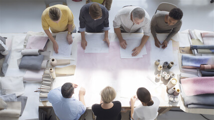 Team of textile industry workers gathered around large table reviewing fabric samples and production plans, symbolizing teamwork, innovation, and collaborative decision making in manufacturing.