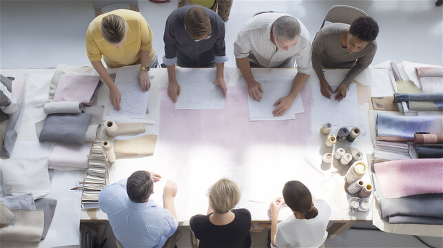 Team of textile industry workers gathered around large table reviewing fabric samples and production plans, symbolizing teamwork, innovation, and collaborative decision making in manufacturing.