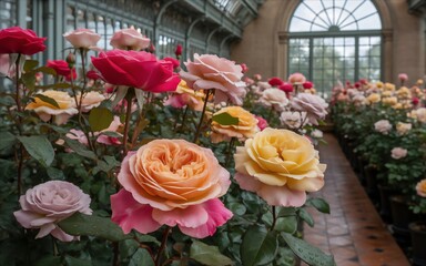 Vibrant Rose Garden in a Greenhouse with Colorful Blooms and Lush Greenery.
