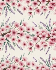 Beautiful Cherry Blossom and Lavender Floral Pattern on a Light Background.