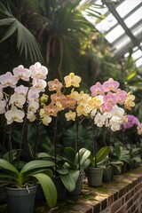Vibrant Phalaenopsis Orchids in a Greenhouse Setting.