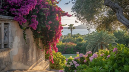 Vibrant Bougainvillea and Lush Garden Overlooking the Sea at Sunset.