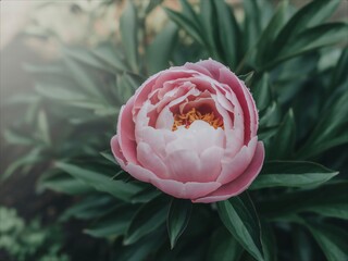 Delicate Pink Peony Bud Blooming in Lush Green Garden.