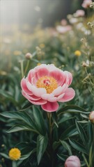 Vibrant Pink Peony Blossom in a Lush Green Garden.