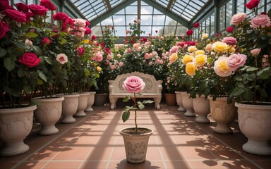 Vibrant Rose Garden Greenhouse with a Central Pink Rose and Elegant Bench.