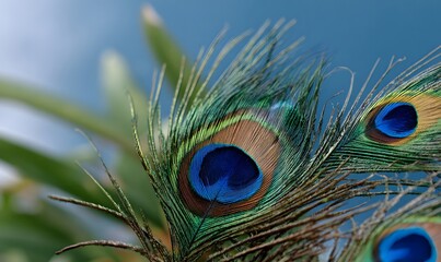 close-up of peacock feathers, showcasing their vibrant colors and intricate pattern