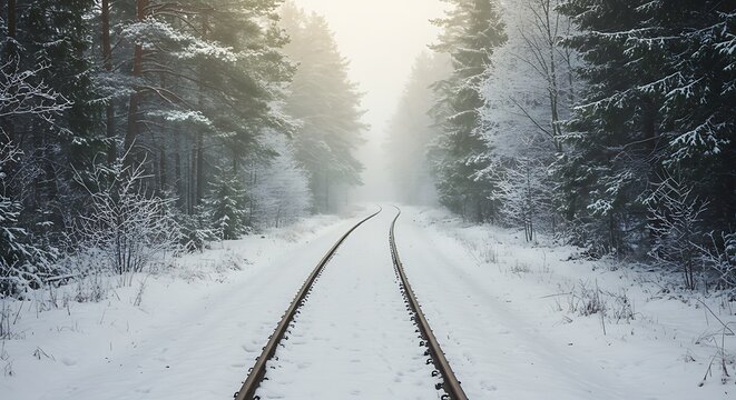 Snowy railway tracks in winter forest landscape with trees covered in snow - Powered by Adobe