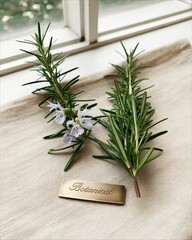 Fresh Rosemary Sprigs with Flowers and a Wooden Tag on a Linen Surface.
