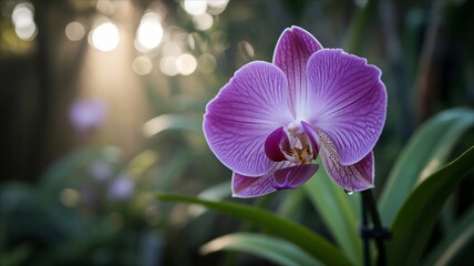 Vibrant Purple Orchid Blossom Bathed in Golden Sunlight.