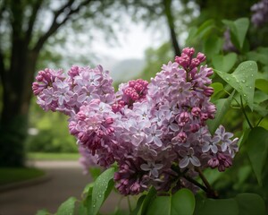 Vibrant Purple Lilac Blossoms in a Lush Green Garden Setting.