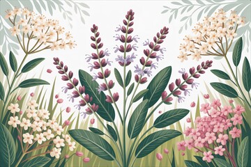 Vibrant Botanical Illustration with Diverse Floral Elements and Lush Greenery.