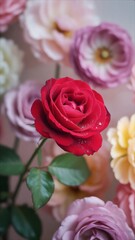 Vibrant Red Rose Among a Soft Blurry Background of PastelColored Roses.