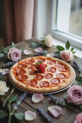 Pepperoni Pizza with Strawberry on Rustic Table with Roses and Lavender.