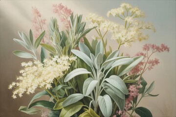 Vintage Botanical Illustration of a Diverse Herb and Flower Bouquet.