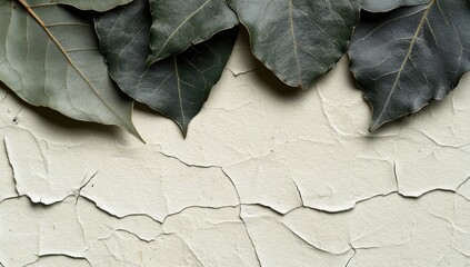Leaves atop cracked, peeling, weathered white surface