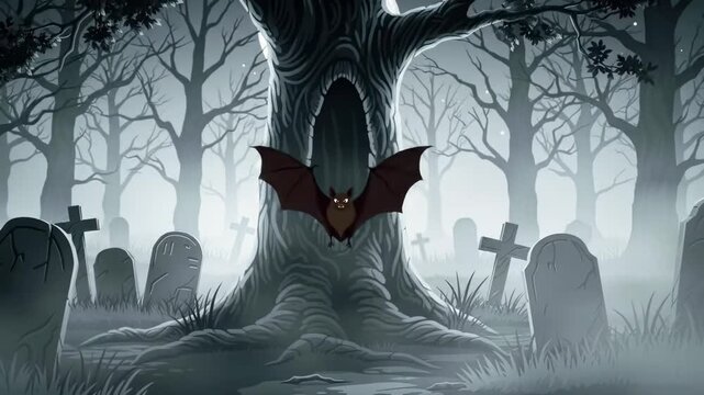 A bat hangs in a hollow tree in a foggy graveyard among tombstones and leafless trees