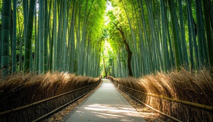 Pathway Through Bamboo Forest with Sunlight Filtering Green Canopy Tall Trees and Dense Vegetation in Kyoto Japan