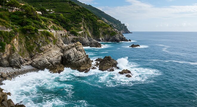 Coastal landscape view of ocean waves hitting rocky shoreline under cloudy sky