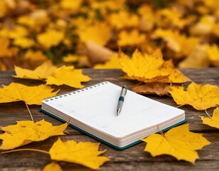 open notebook on wooden table. yellow leaves around. autumn, plans, diary, study.