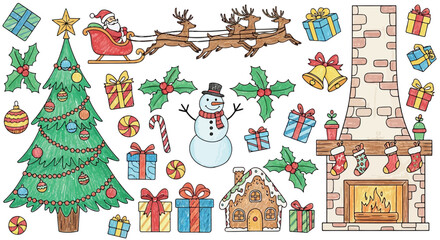 Vector art of christmas elements including santa, reindeer, tree, snowman, and fireplace