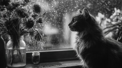 Silent farewell with flowers and a cat by the rainy window, tender and sorrowful mood