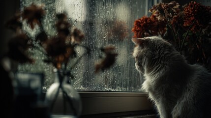 Silent farewell with flowers and a cat by the rainy window, tender and sorrowful mood