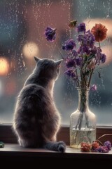 Silent farewell with flowers and a cat by the rainy window, tender and sorrowful mood