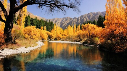 Obraz premium Panorama of autumn tree clear lake reflecting blue sky, wide angle natural landscape