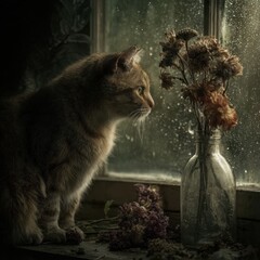 Silent farewell with flowers and a cat by the rainy window, tender and sorrowful mood