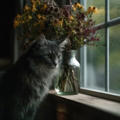 Silent farewell with flowers and a cat by the rainy window, tender and sorrowful mood