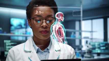 African American Female Scientist Using Holographic Human Anatomy Model in Modern Medical Lab - Powered by Adobe